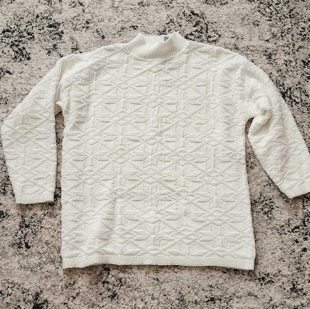 Vintage White Stag Cableknit Mock Neck Sweater Womens L Cotton White Cottagecore